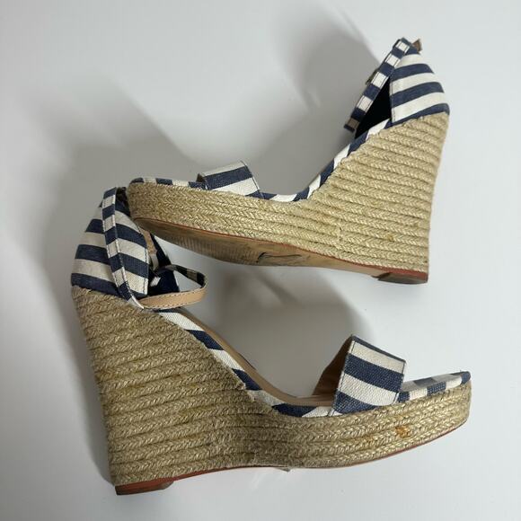 Express Women's Striped Wedge Heels Size 10 Navy White Open Toe Summer Vacation - Picture 7 of 11